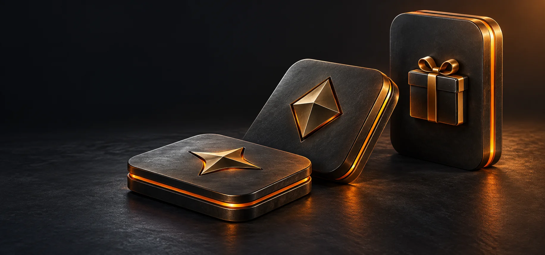 Three sculptural bonus panels and orange tokens on a graphite background