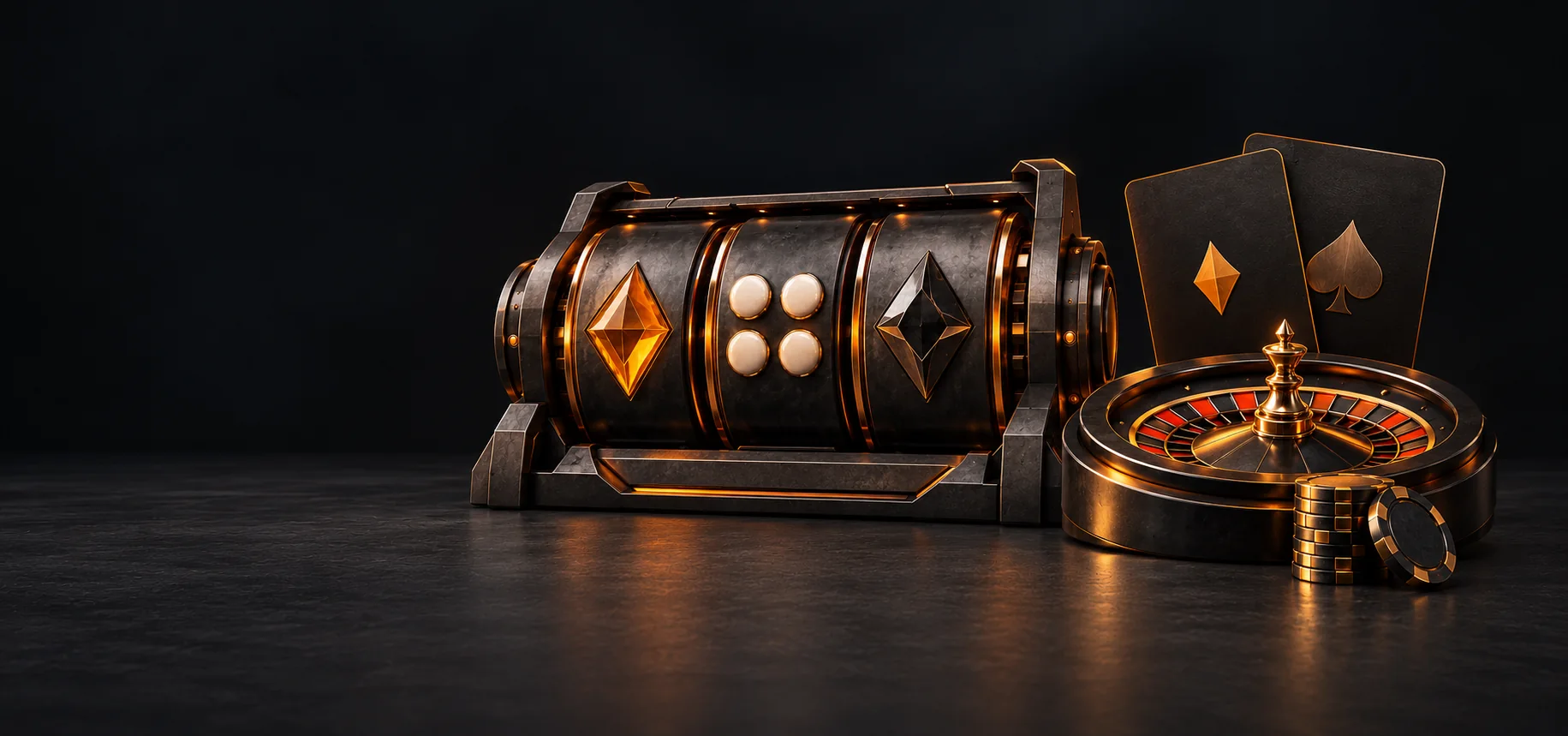 Graphite reels, roulette and playing cards with amber details