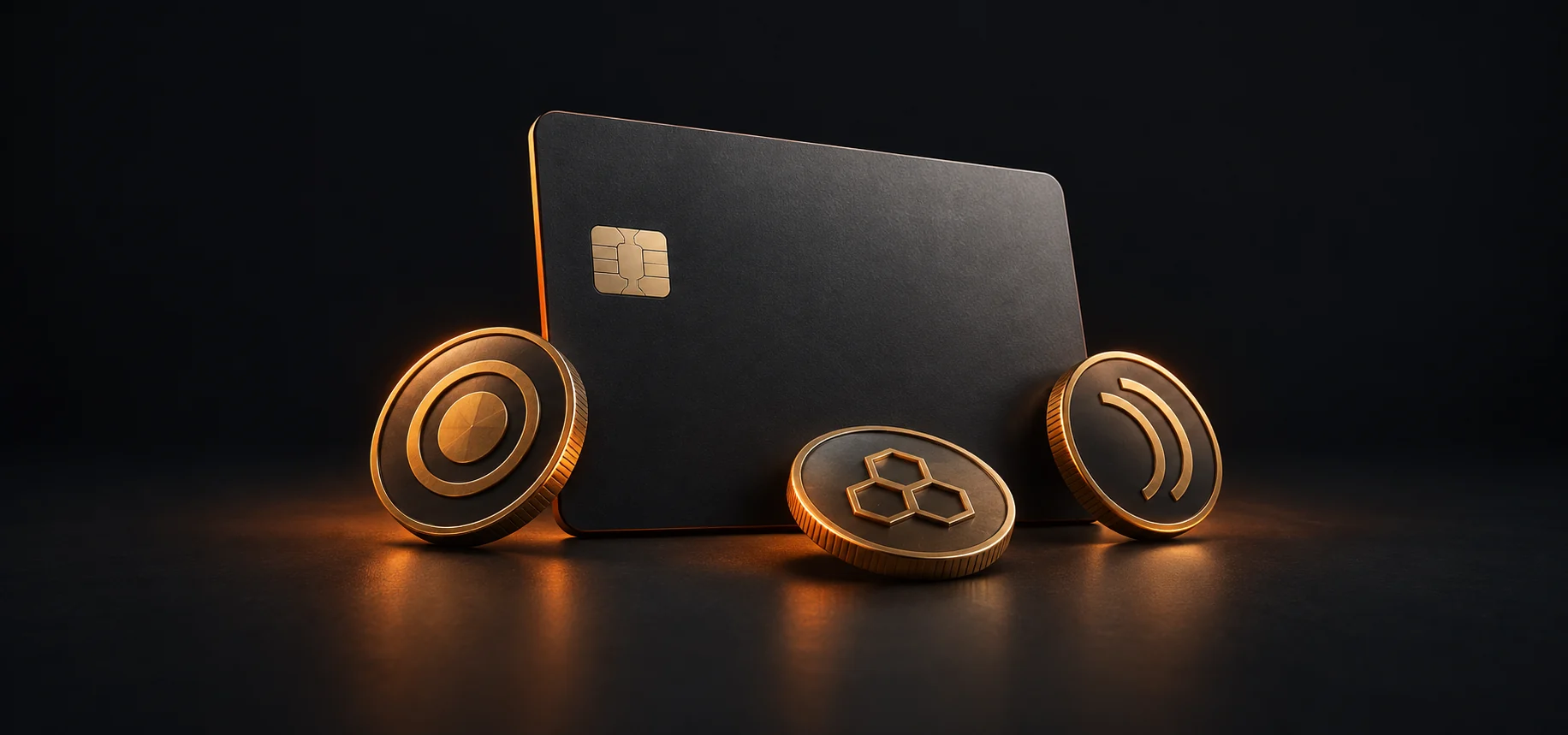 Graphite payment card and three currency-inspired coins