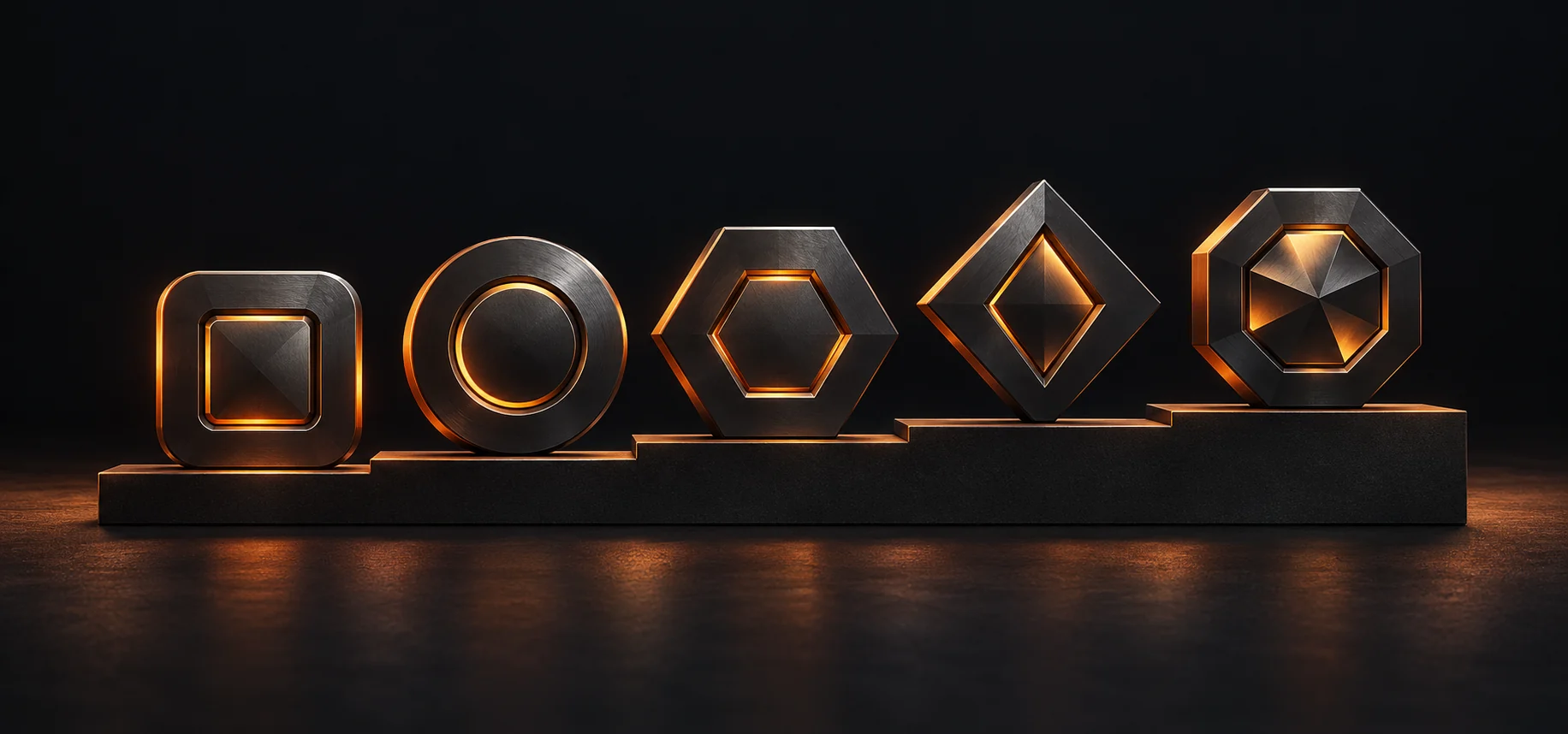 Five distinct metallic loyalty emblems on a graphite platform